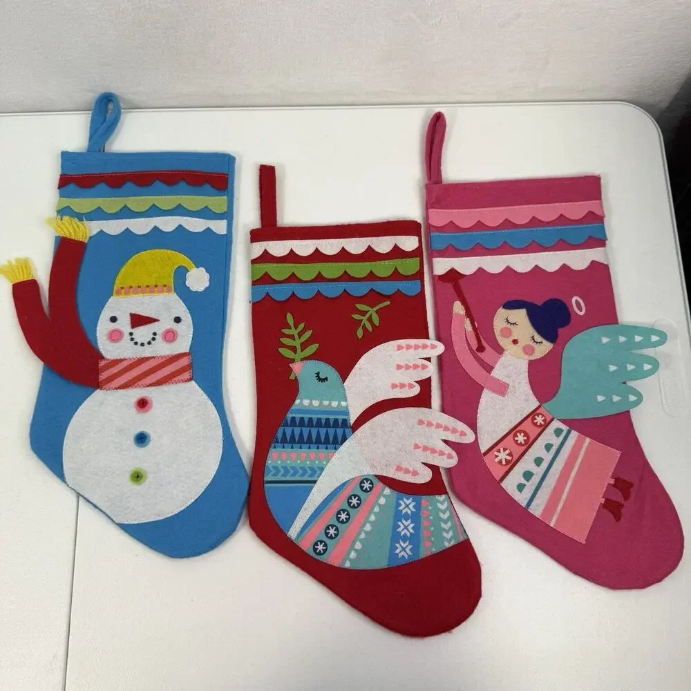 Target Christmas Stockings Felt Set of 3 Snowman Bird‎ Fairy Angel Pink Red Blue